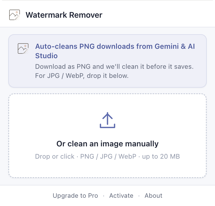Gemini Watermark Remover Chrome extension popup with Watermark Remover header, Auto-cleans PNG downloads card, manual drop zone, and footer links